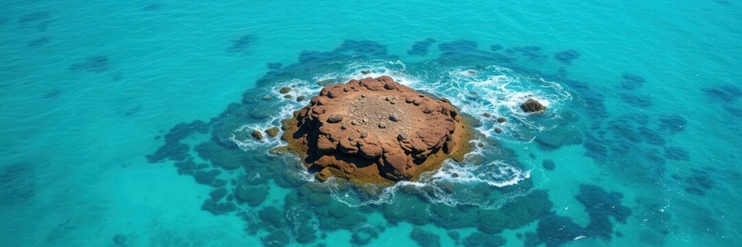 Ocean hummock with turquoise water lapping at its edges, cloud cover, ocean waves, calm sea