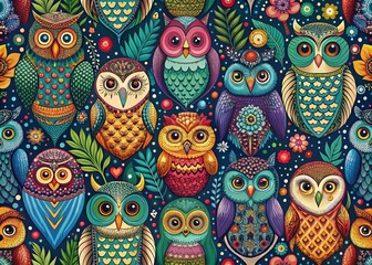 Naklejka premium Charming Owls in a Captivating Seamless Pattern for Nature Lovers and Home Decor Enthusiasts with Elegant Colors and Intricate Designs Perfect for Textiles and Wallpaper