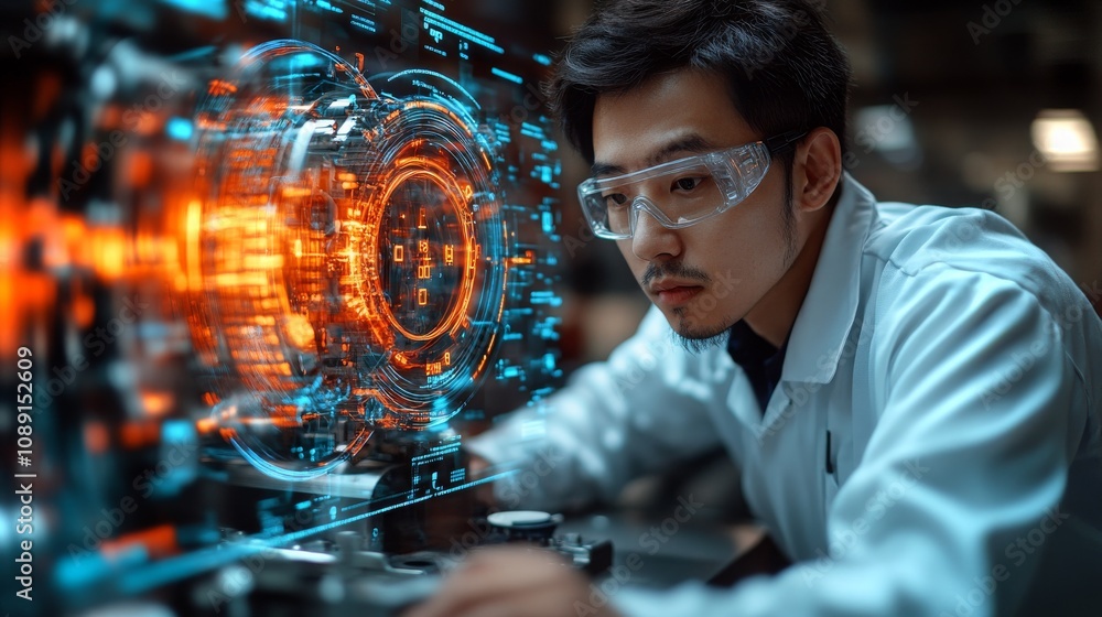 Poster engineer working in a high-tech laboratory with digital displays during a research task