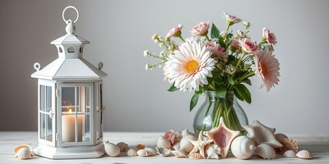 Vintage white lantern placed beside a vase filled with fresh flowers and surrounded by seashells, relaxed ambiance, natural elements, coastal style