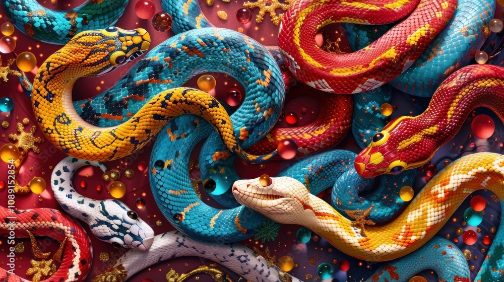 Poster a group of brightly colored snakes intertwined in a vibrant and playful composition with a red backg