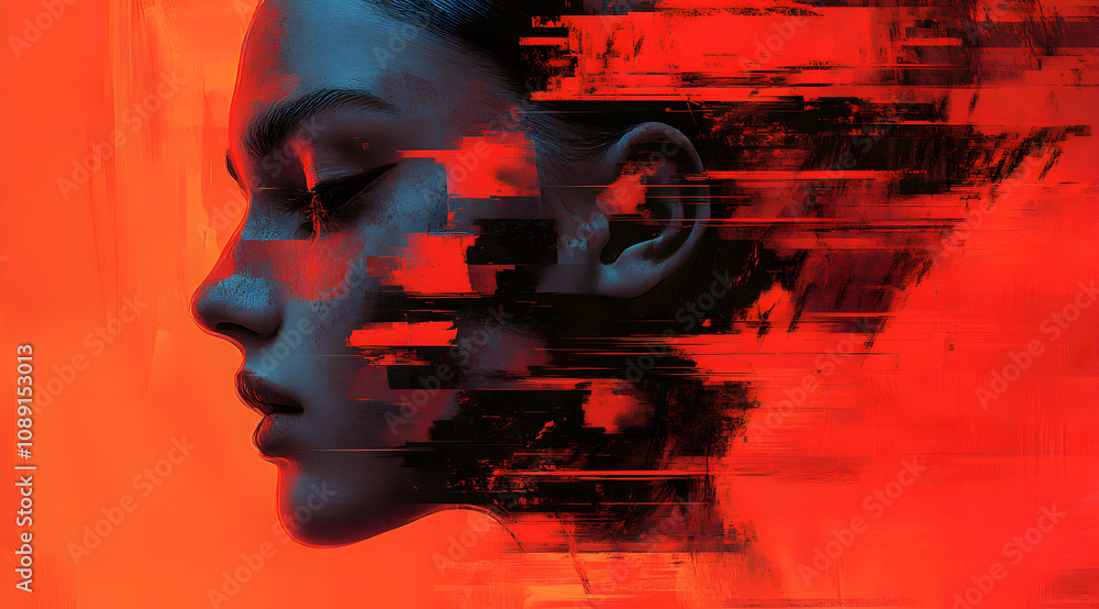 Poster a striking profile of a woman, blended with vivid red and abstract elements, creating a sense of mov