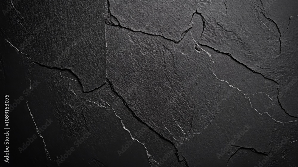 Poster rugged and textured black slate surface with deep cracks, crevices, and smooth, shiny appearance, cr
