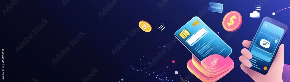 Poster digital payment interfaces with icons representing transactions and currencies.