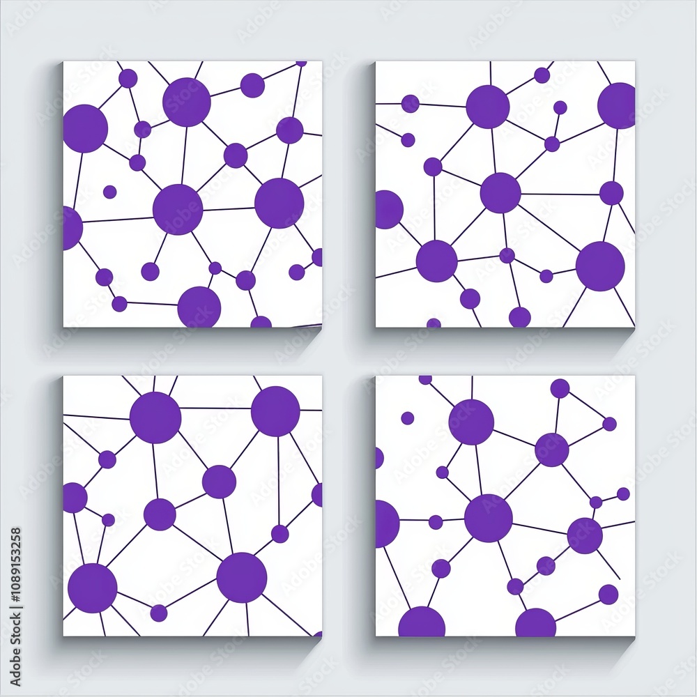 Poster a purple background with connected dots and molecular structures