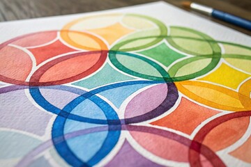 Watercolor circles of various colors overlapping each other in a vibrant multicolored design, decorative pattern, abstract art, geometric shapes