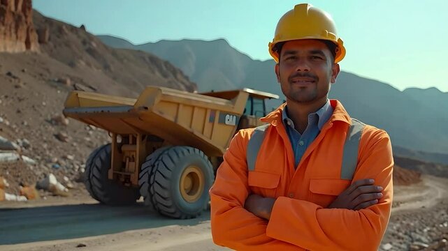 Confident Mining Engineer, Construction Worker, Hard Hat, Orange Work Suit, Heavy Equipment