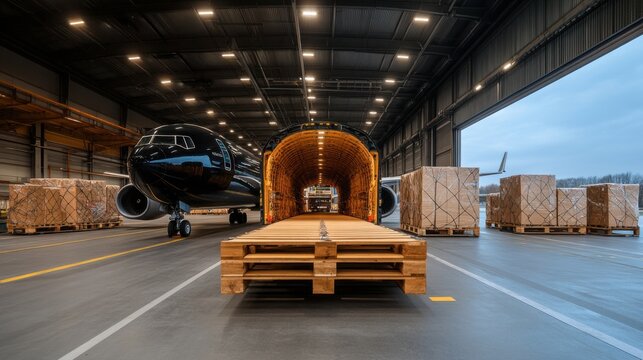 Industrial Warehouse with Aircraft and Freight Pallets, Cargo Storage, Logistics Hub, Air Cargo Transport, Aviation Supply Chain Operations
