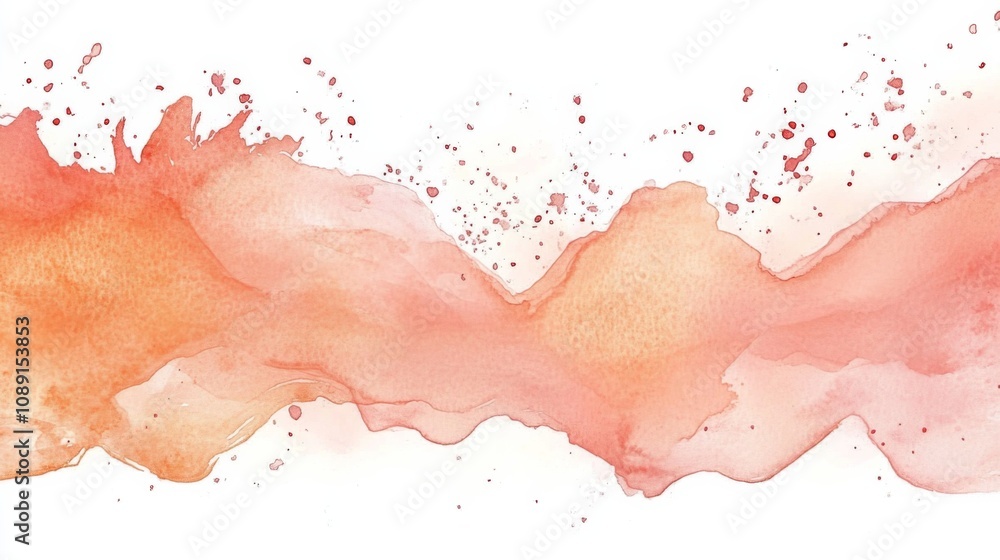 Poster soft and dreamy watercolor background in orange and pink with wave-like pattern and splashes of red 