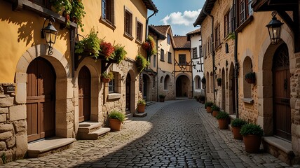 A charming medieval town with cobblestone streets and historic stone buildings.
