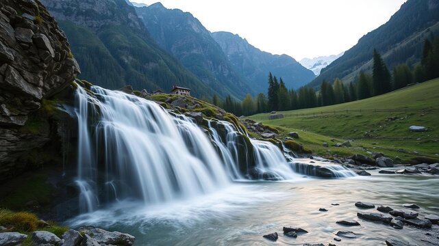 waterfall in the Bavona Swiss Alpine valley at dawn, rocky outcroppings, misty veil