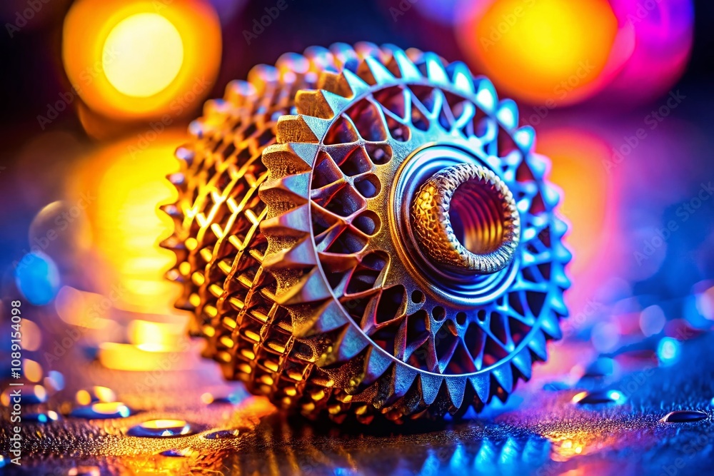 Poster close-up of a 3d printed metal object created using laser sintering technology, showcasing the preci