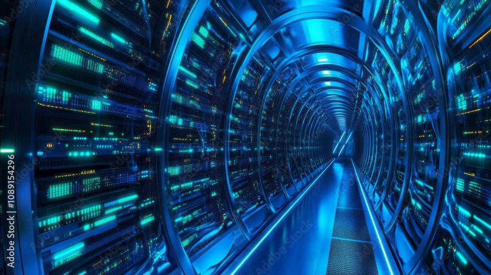 Poster a blue tunnel with many computer screens