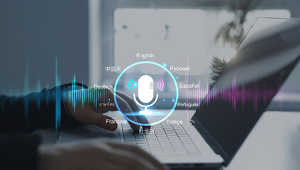 Translate languages technology concept.Translations using the microphone voice.Translator language...