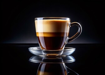 Close-up of a Clear Glass Coffee Cup Holding a Rich Espresso Shot with Creamy Foam Layer on a Reflective Black Surface Captured in Night Photography for Coffee Lovers
