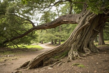 Obraz premium Weathered privet branch leans against the trunk of an ancient tree, its gnarled roots stretching deep into the earth, weathered wood, nature, tree trunk, outdoors, privet