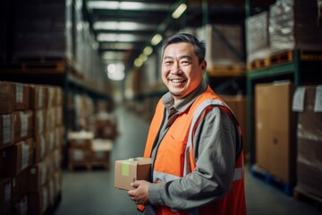 Portrait of a joyful middle aged Asian male warehouse worker