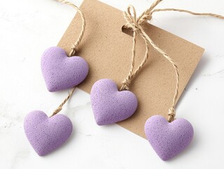 Fototapeta premium Tag gift minimalist. heart emotion minimalist romance. Four charming lavender hearts on a craft paper tag, perfect for gifts and decorations, adding a touch of love.