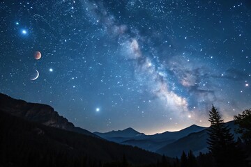 Dark blue sky with numerous stars, a few planets visible, and a crescent moon in the top left corner, astronomy, space, stars, universe, galaxy