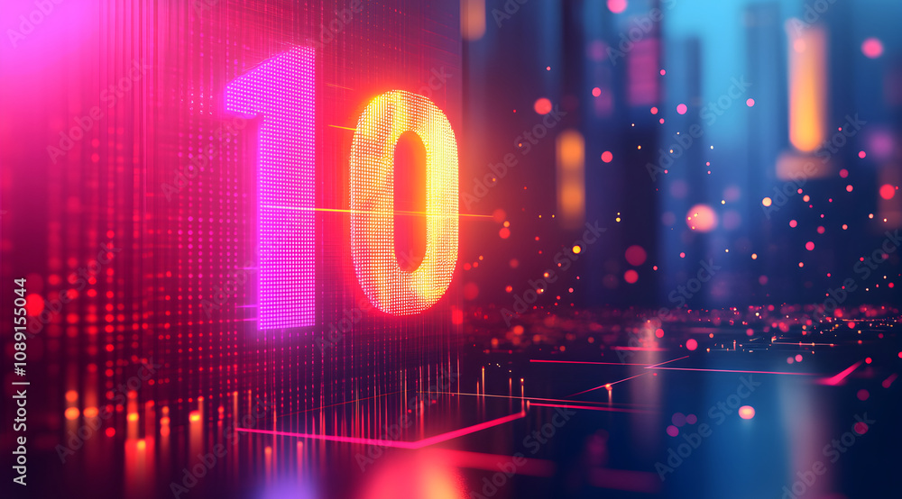Poster a vibrant digital display shows the number 10, illuminated in colorful lights, set against a futuris