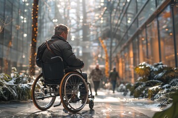 Obraz premium A man in a wheelchair travels through a vibrant indoor environment adorned with plants and illuminated by natural light. Visitors stroll around him, creating a lively atmosphere