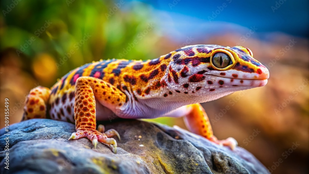 Poster close-up of a vibrant leopard gecko resting on a textured rock, showcasing its unique skin patterns 