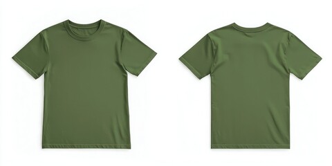 Green T-shirt with round neck and side seams, front and back, isolated on white.