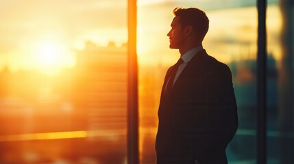 Fototapeta premium Businessman silhouette against a vibrant sunset skyline.