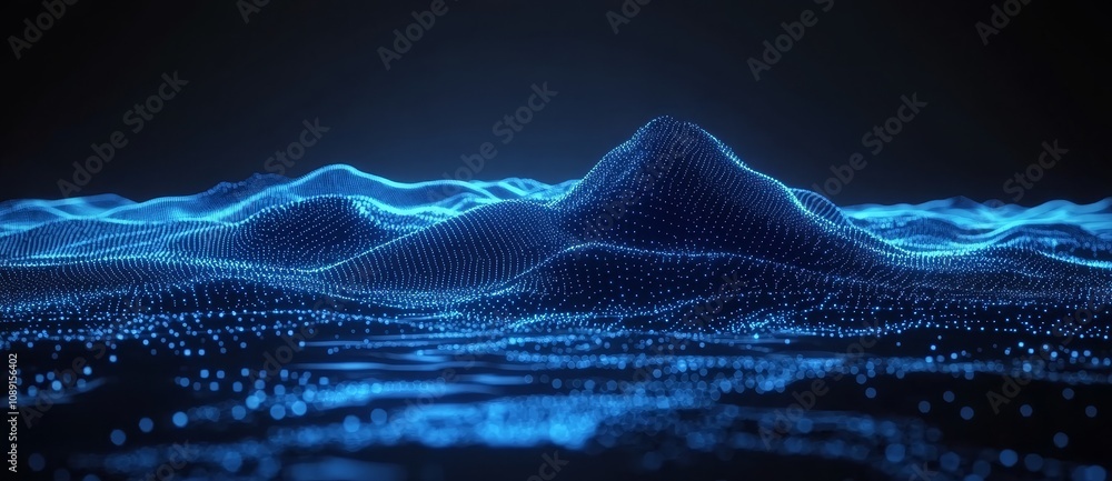 Poster graphic banner with a blue abstract background and a network grid with particles. sci-fi digital tec