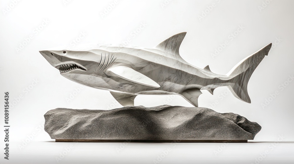 Poster a detailed sculpture of a shark displayed on a textured base.
