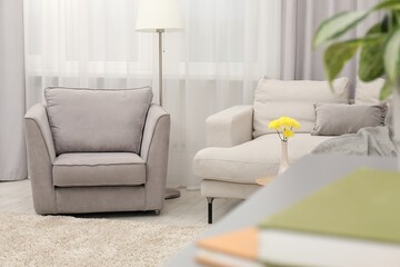 Light living room interior. Comfortable sofa, armchair and lamp indoors