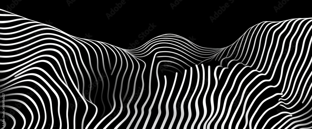 Poster undulate grey wave swirl, frequency sound wave, twisted curve lines with blend effect on white backg