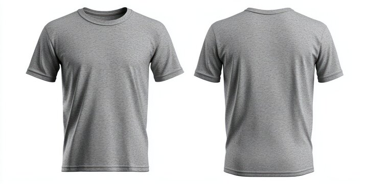 Heather grey T-shirt, front and back view, with soft fabric texture, isolated.