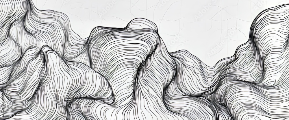 Poster undulate grey wave spiral, frequency sound wave, twisted curve lines on white background.