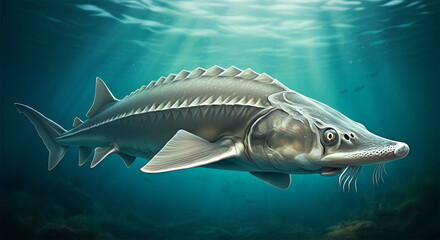 White Sturgeon Fish in the Water, Stream or River, Isolated Nature Wildlife Fishing Angler Illustration