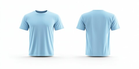 Naklejka premium Light blue T-shirt mockup, fitted cut, front and back, plain design, on white.