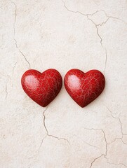 Obraz premium heart emotion minimalist romance. Two textured red heart shapes on a rustic background, symbolizing love and affection.