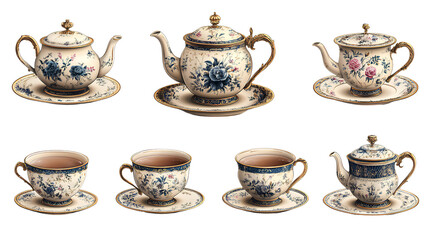 Fototapeta premium Elegant Vintage Tea Set with Floral Designs Featuring Teapot, Teacups, and Saucers on White Background for Tea Time and Special Occasions
