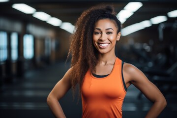 Fototapeta premium Smiling portrait of a young African American female fitness trainer in gym