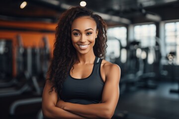 Fototapeta premium Smiling portrait of a young African American female fitness trainer in gym