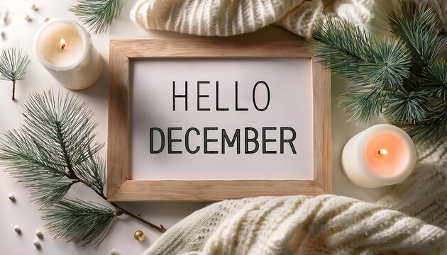 Festive holiday decor with Hello December framed text and Scandinavian elements. Generative AI