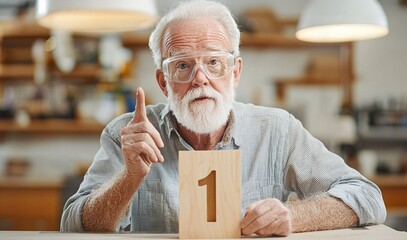 Woodwork carpentry technique concept. An elderly man with a white beard holds up a wooden sign displaying the number one, gesturing thoughtfully in a cozy indoor setting.