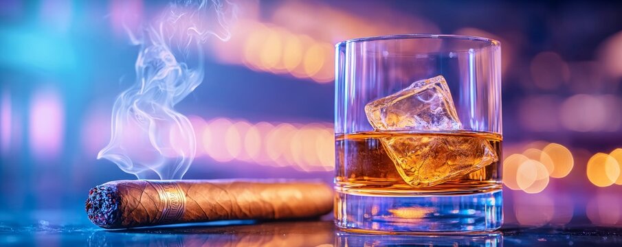 A close-up of a whiskey glass with ice and a cigar, surrounded by a colorful, smoky atmosphere, conveying a luxurious, indulgent vibe.