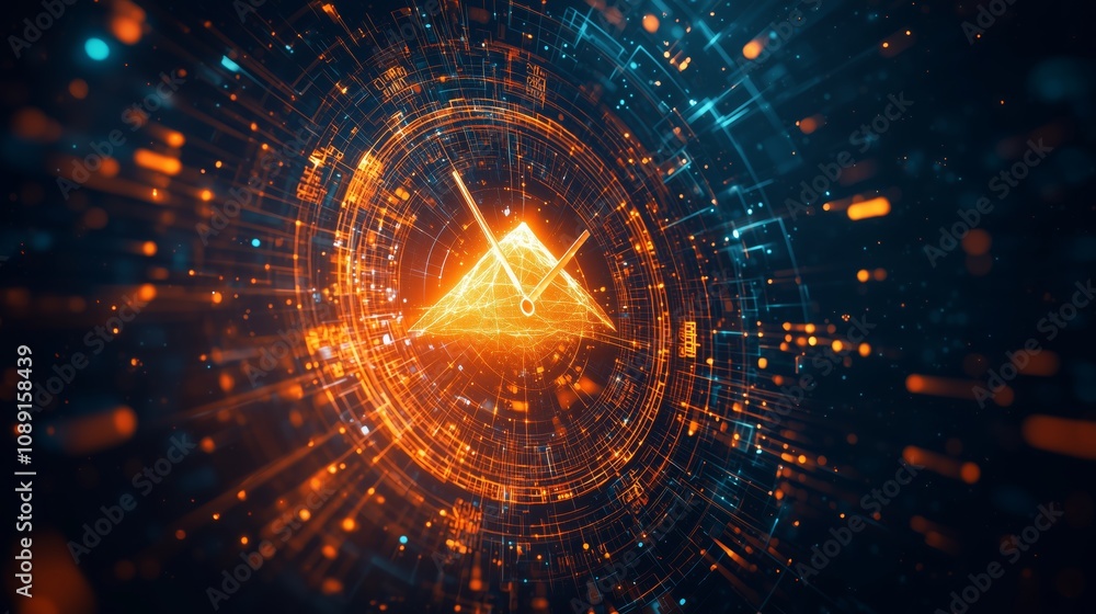 Poster abstract representation of a glowing pyramid inside a futuristic digital space, showcasing vibrant c