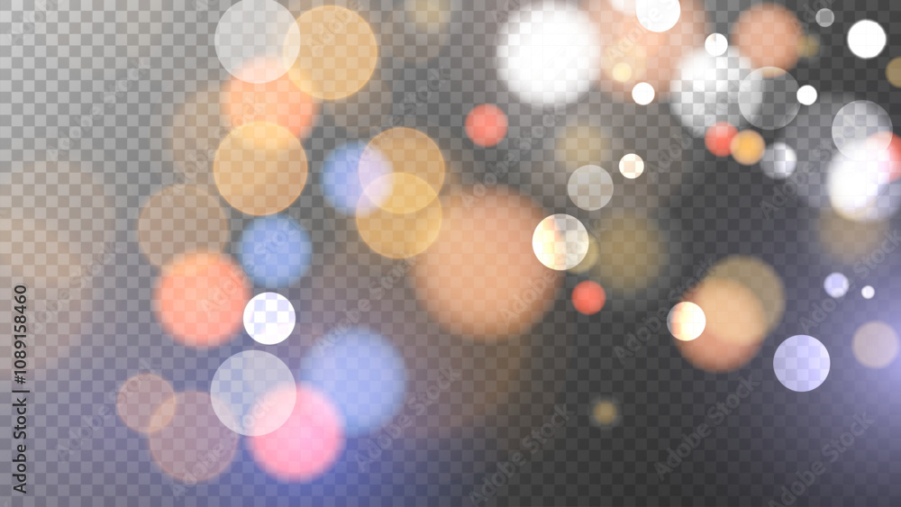 Poster festive vibrant bokeh lights. abstract blurred overlay design. bright blur light effect. transparent