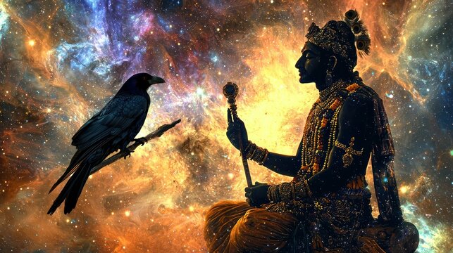 Lord Shani Dev with a black crow, holding a staff, in a cosmic background