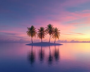 A tranquil tropical island showcases four graceful palm trees reflecting on still waters, embracing vibrant sunset hues of pink and orange, creating a serene atmosphere perfect for relaxation.