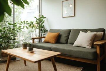 Cozy Living Room with Green Sofa and Wooden Coffee Table Surrounded by Plants in a Bright, Naturally Lit Space with a Minimalist Aesthetic