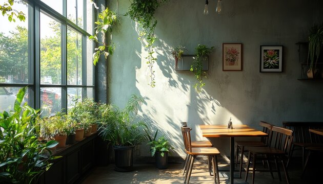 A tranquil caft corner adorned with lush greenery and art, basking in soft sunlight, creating an inviting space for relaxation or casual gatherings.