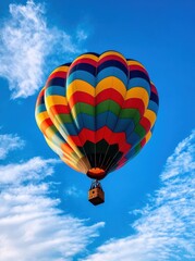 Naklejka premium A vibrant hot air balloon gracefully ascends into a clear blue sky, showcasing radiant colors and a picturesque backdrop of wispy clouds, evoking a sense of freedom and adventure.